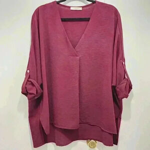 Entro Women's Roll Tab Sleeve Blouse Purple Cranberry Maroon‎ Size Large